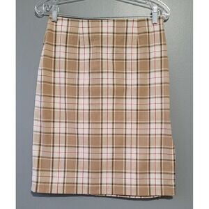 Le Chateau Women's Beige/Wht Plaid Dressy Knee High Skirt Size 7 With‎ Side Slit